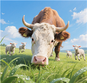 蓝天白云绿色牧场草地牛羊图片